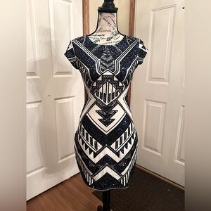 Express Size XS Bodycon Sequin Blue / Cream Silver Dress Aztec design